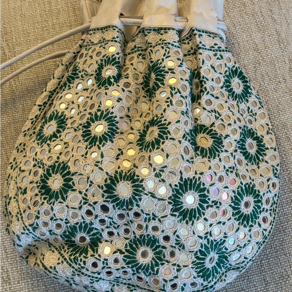Leather and Crochet Drawstring Hobo Bag in Cream and Green - Picture 10 of 12